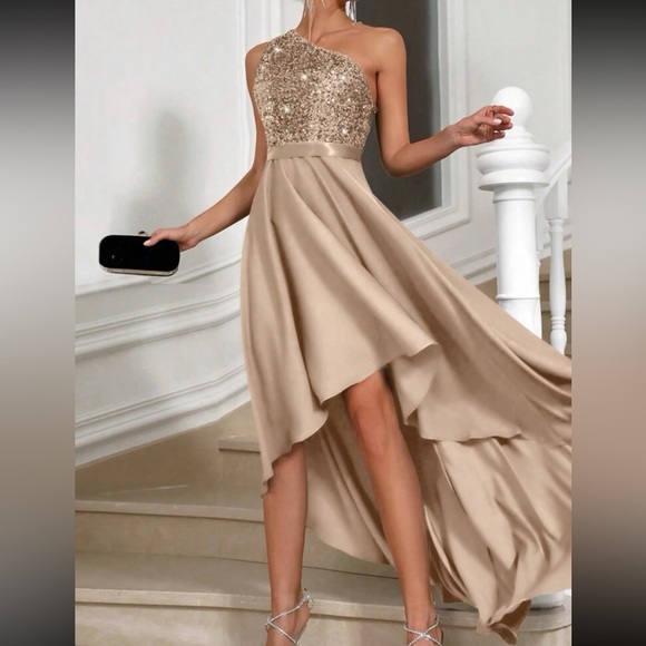Dresses | Luxe One Shoulder Asymmetrical Hem Satin Sequins Party Dress ...